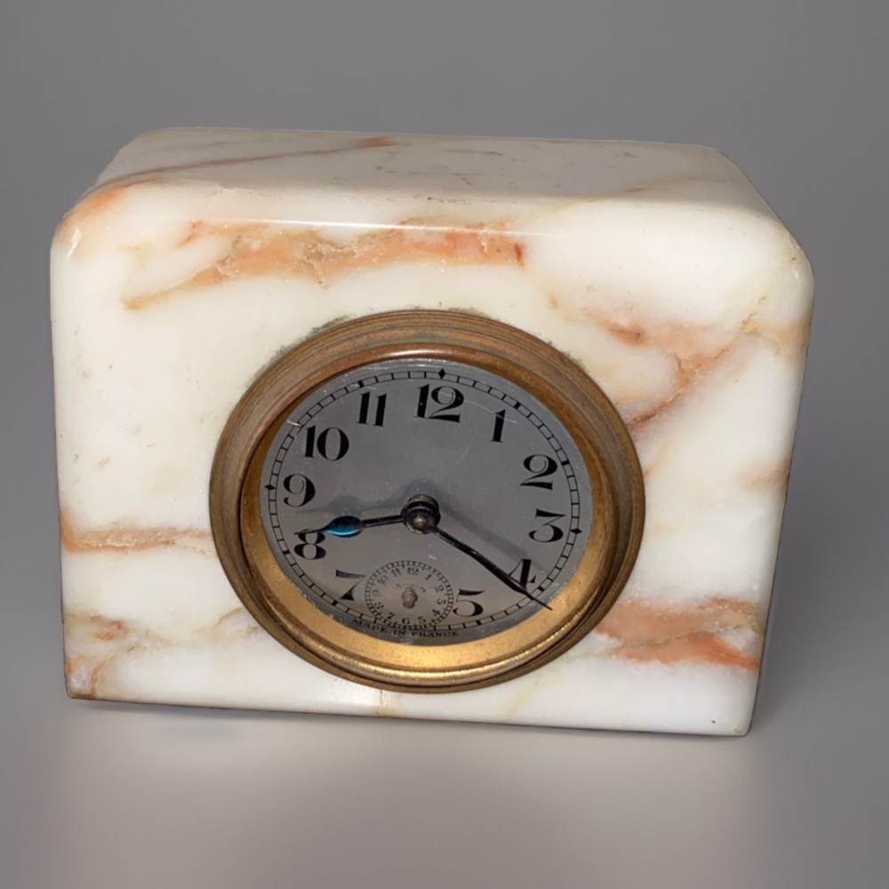 Antique table clock mounted in marble Not Working No Glass 3.5”x4&1/8”.
